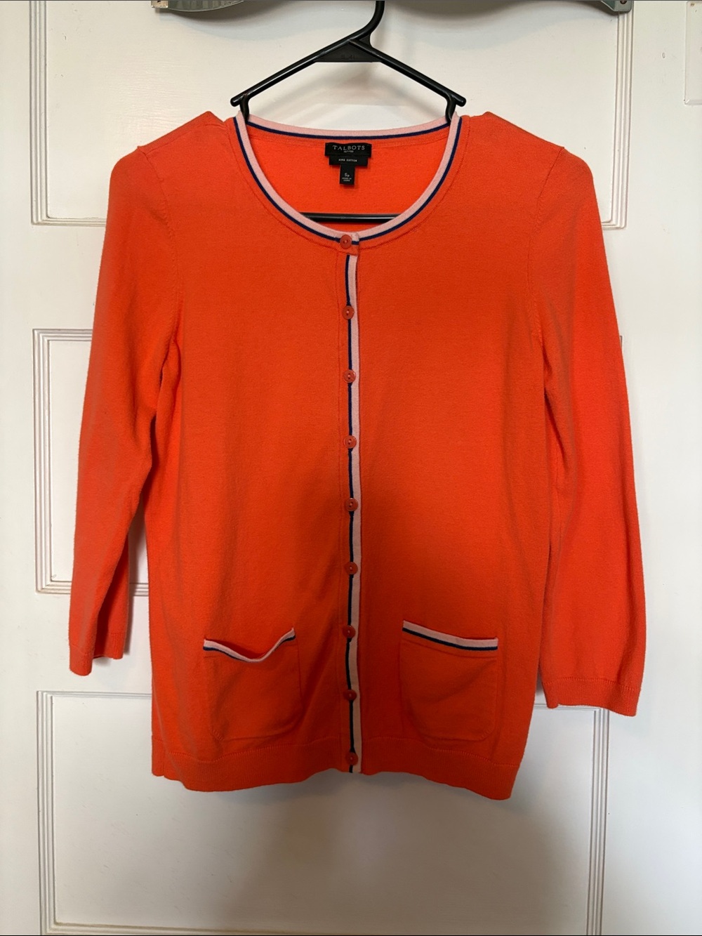 Talbots Bright Orange Pima Cotton Button-Front Cardigan w/Contrast Trim Size SP